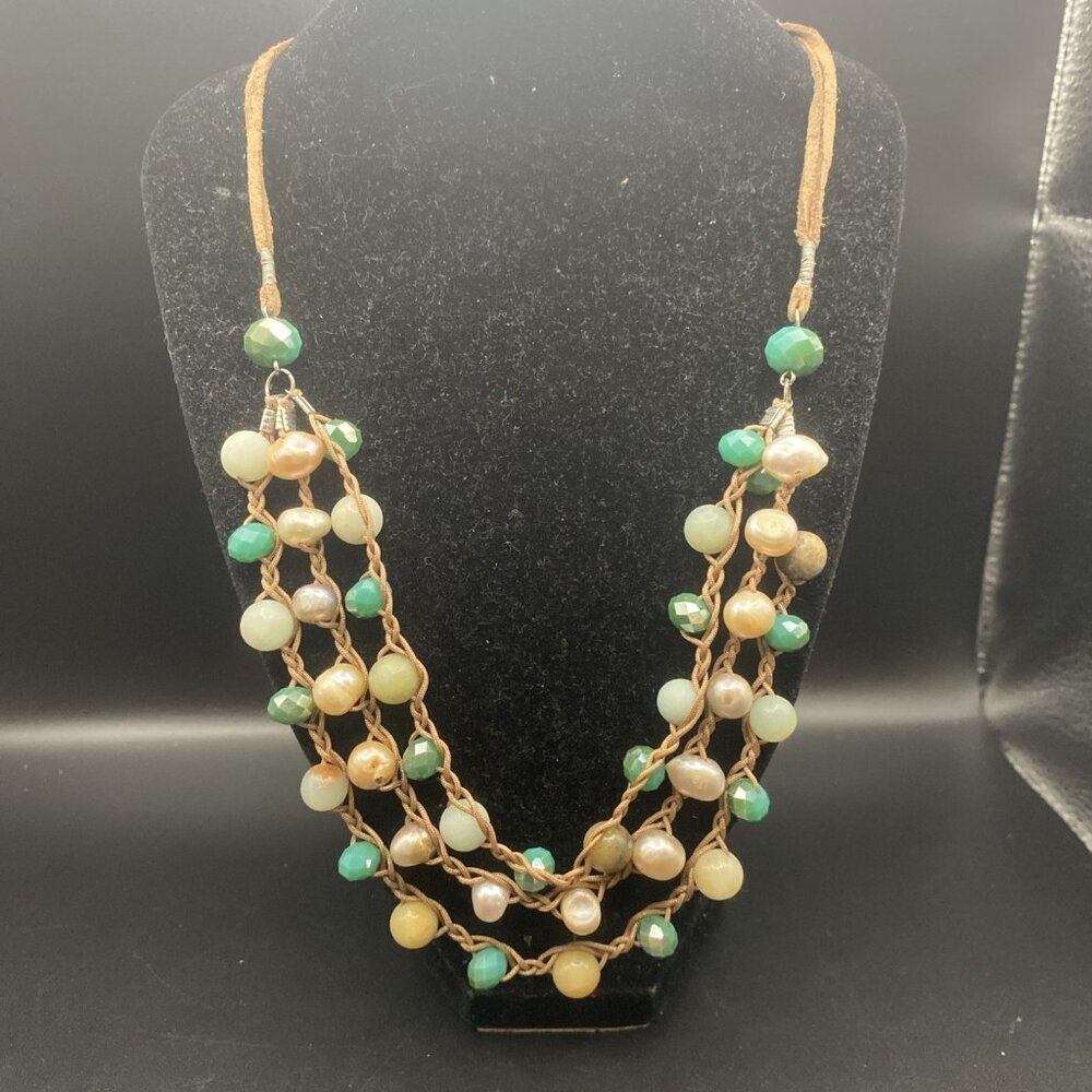You and I Layered Necklace Real Freshwater Pearls Amazonite AB Glass 19-22" Boho
